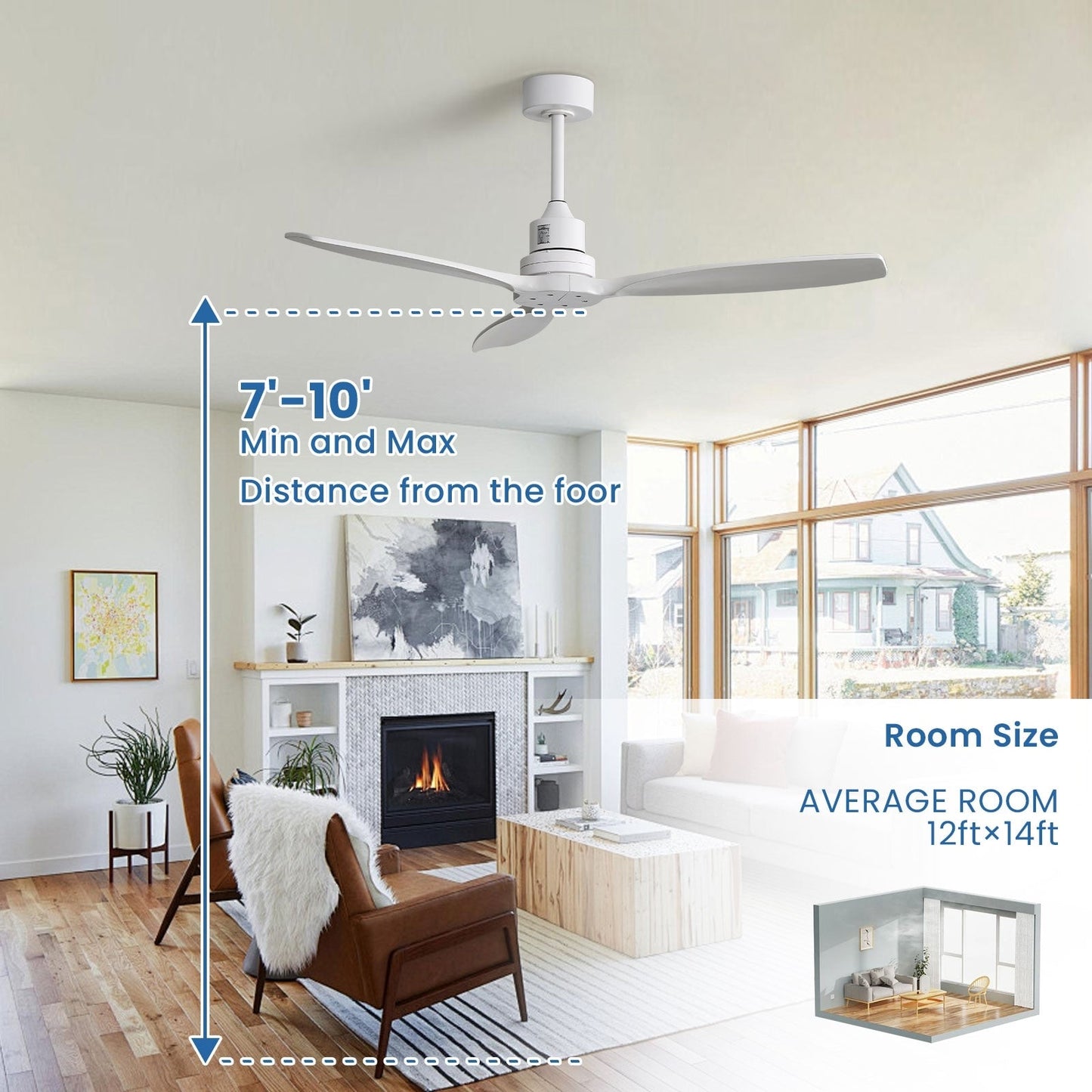 Ventilateur de plafond moderne de 52 pouces en bois massif/ABS avec télécommande (sans éclairage), 6 vitesses de ventilation, flux d'air réversible.
