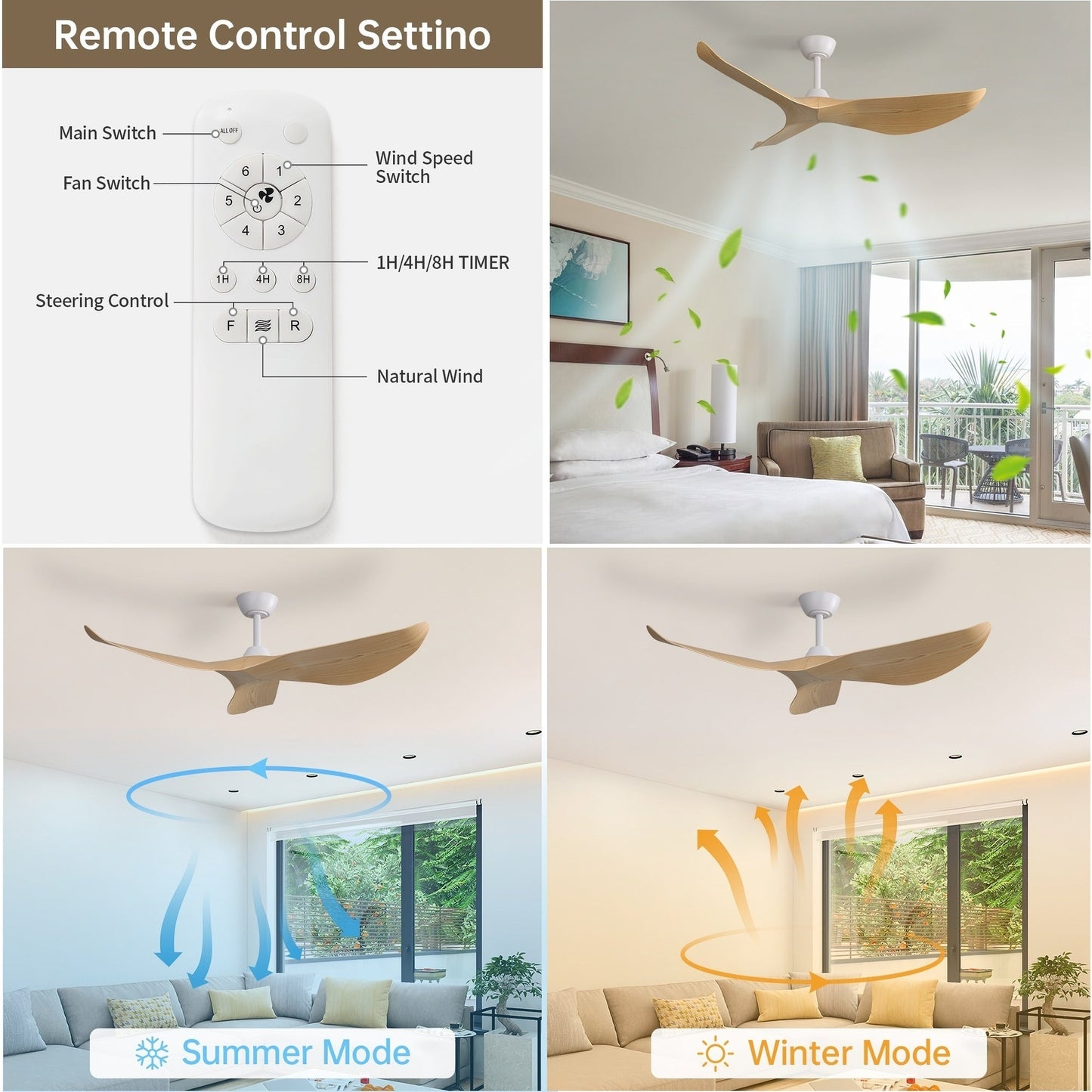 Ventilateur de plafond moderne de 52 pouces en bois massif/ABS avec télécommande (sans éclairage), 6 vitesses de ventilation, flux d'air réversible.