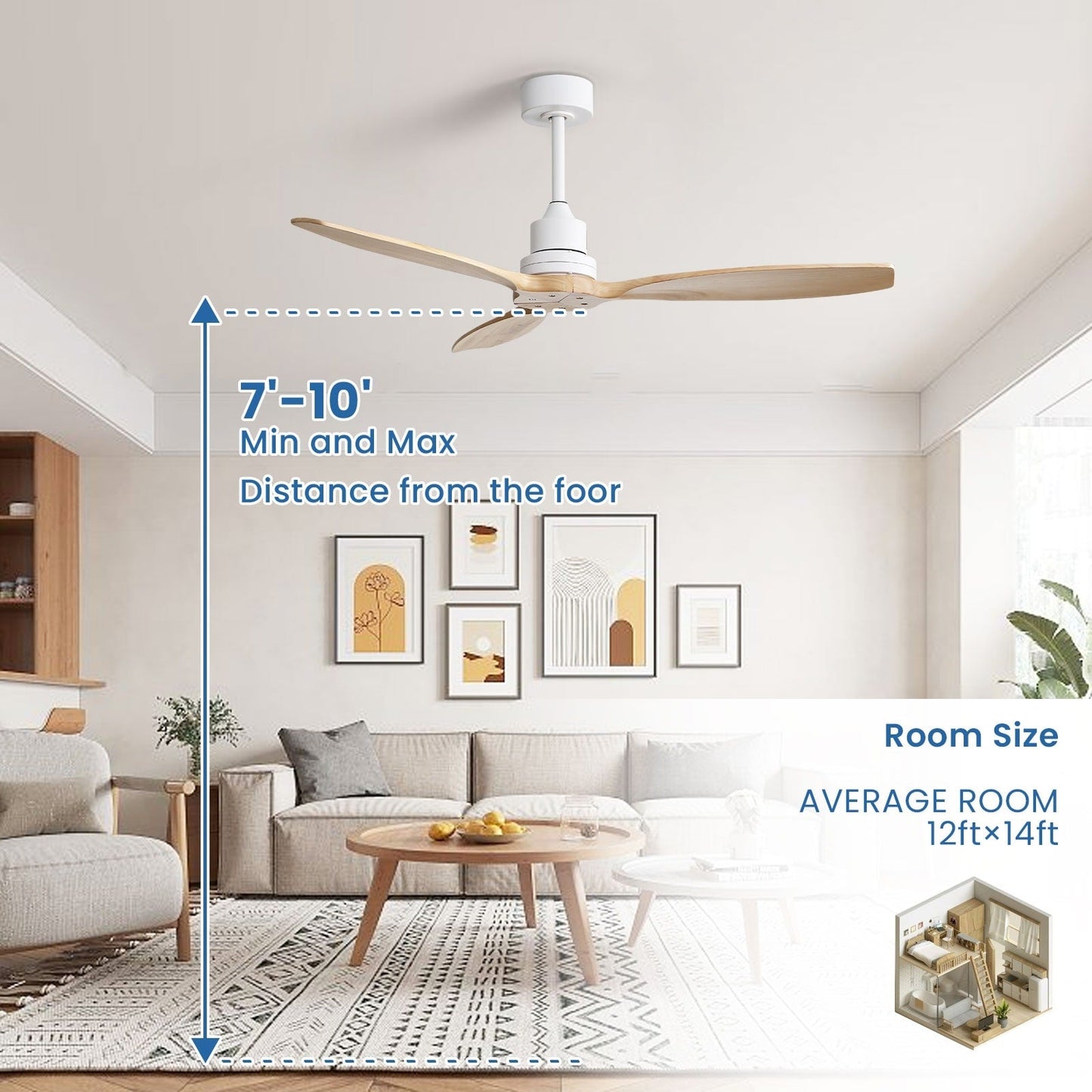 Ventilateur de plafond moderne de 52 pouces en bois massif/ABS avec télécommande (sans éclairage), 6 vitesses de ventilation, flux d'air réversible.