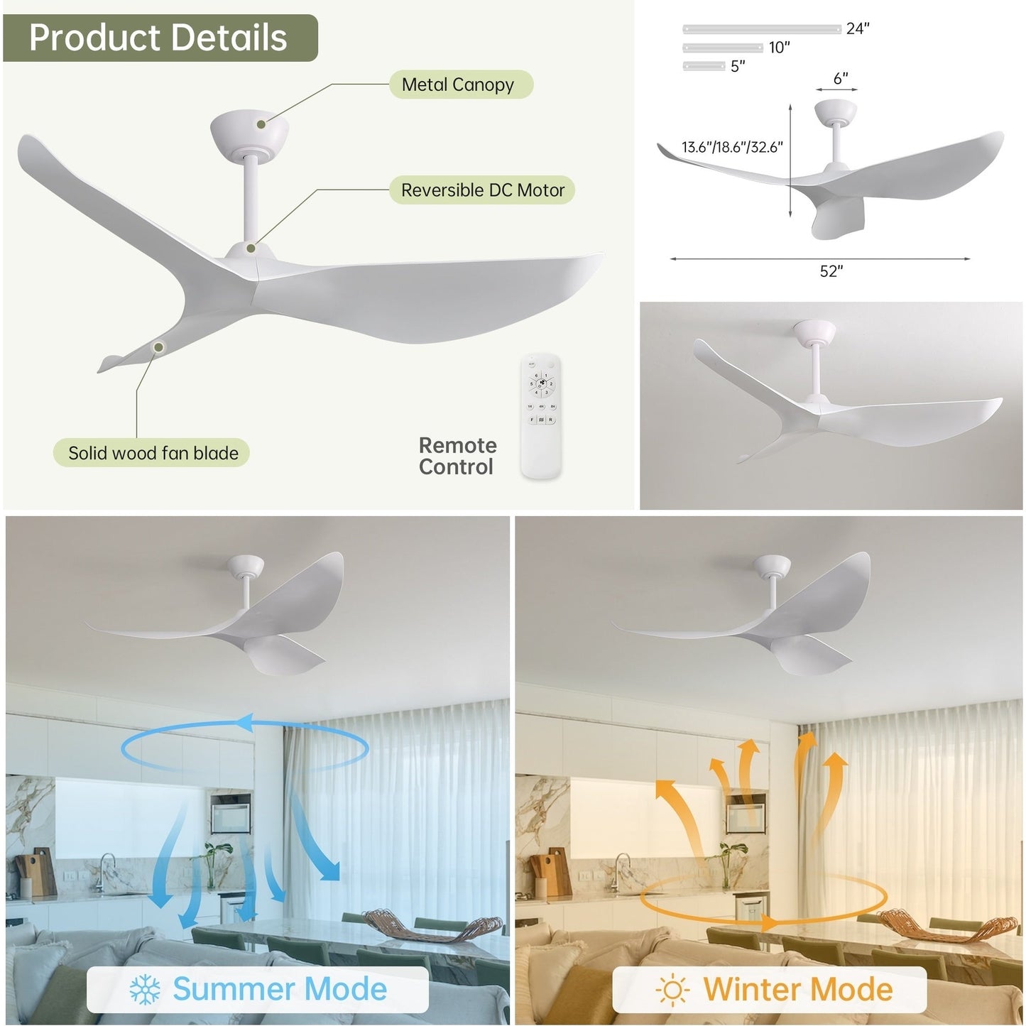 Ventilateur de plafond moderne de 52 pouces en bois massif/ABS avec télécommande (sans éclairage), 6 vitesses de ventilation, flux d'air réversible.