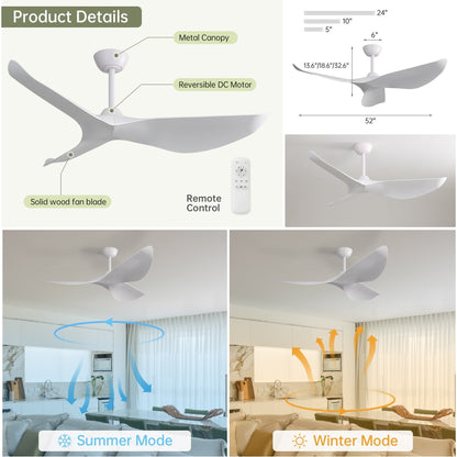 Ventilateur de plafond moderne de 52 pouces en bois massif/ABS avec télécommande (sans éclairage), 6 vitesses de ventilation, flux d'air réversible.