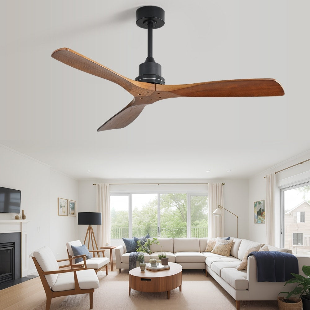 Ventilateur de plafond moderne de 52 pouces en bois massif/ABS avec télécommande (sans éclairage), 6 vitesses de ventilation, flux d'air réversible.