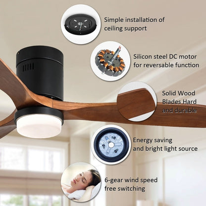 Ventilateur de plafond Sofucor à montage encastré de 52 pouces avec télécommande, moteur réversible, éclairage intégré en option.