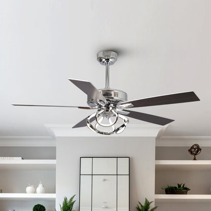Ventilateur de plafond LED intérieur moderne de 52 pouces à 52 cm, chromé/noir, avec éclairage et télécommande, intensité variable.