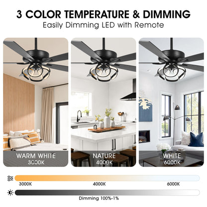 Ventilateur de plafond LED intérieur moderne de 52 pouces à 52 cm, chromé/noir, avec éclairage et télécommande, intensité variable.