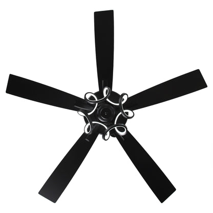 Ventilateur de plafond LED intérieur moderne de 52 pouces à 52 cm, chromé/noir, avec éclairage et télécommande, intensité variable.