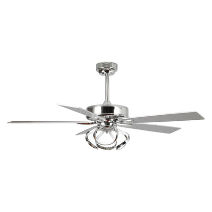 Ventilateur de plafond LED intérieur moderne de 52 pouces à 52 cm, chromé/noir, avec éclairage et télécommande, intensité variable.