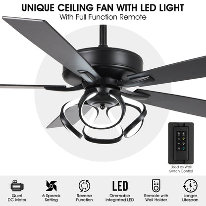 Ventilateur de plafond LED intérieur moderne de 52 pouces à 52 cm, chromé/noir, avec éclairage et télécommande, intensité variable.