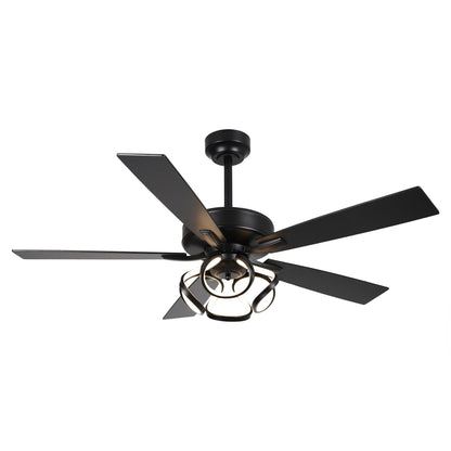 Ventilateur de plafond LED intérieur moderne de 52 pouces à 52 cm, chromé/noir, avec éclairage et télécommande, intensité variable.