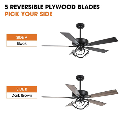 Ventilateur de plafond LED intérieur moderne de 52 pouces à 52 cm, chromé/noir, avec éclairage et télécommande, intensité variable.