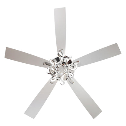 Ventilateur de plafond LED intérieur moderne de 52 pouces à 52 cm, chromé/noir, avec éclairage et télécommande, intensité variable.