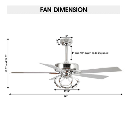 Ventilateur de plafond LED intérieur moderne de 52 pouces à 52 cm, chromé/noir, avec éclairage et télécommande, intensité variable.