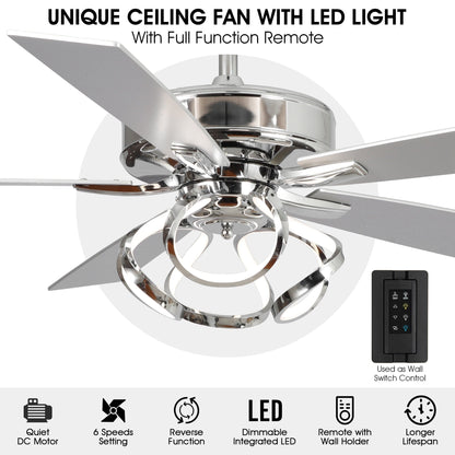 Ventilateur de plafond LED intérieur moderne de 52 pouces à 52 cm, chromé/noir, avec éclairage et télécommande, intensité variable.