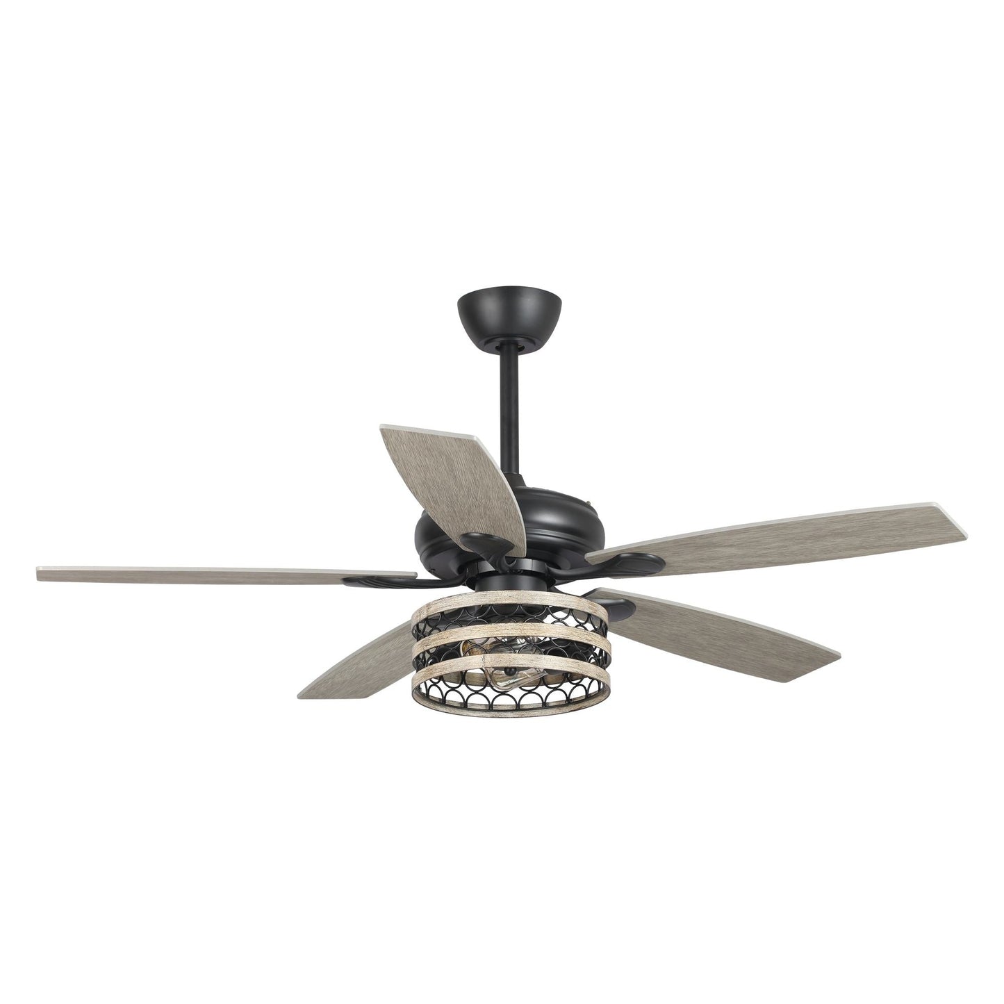 Ventilateur de plafond à 5 pales en bois flotté style farmhouse, avec cage noire et télécommande.