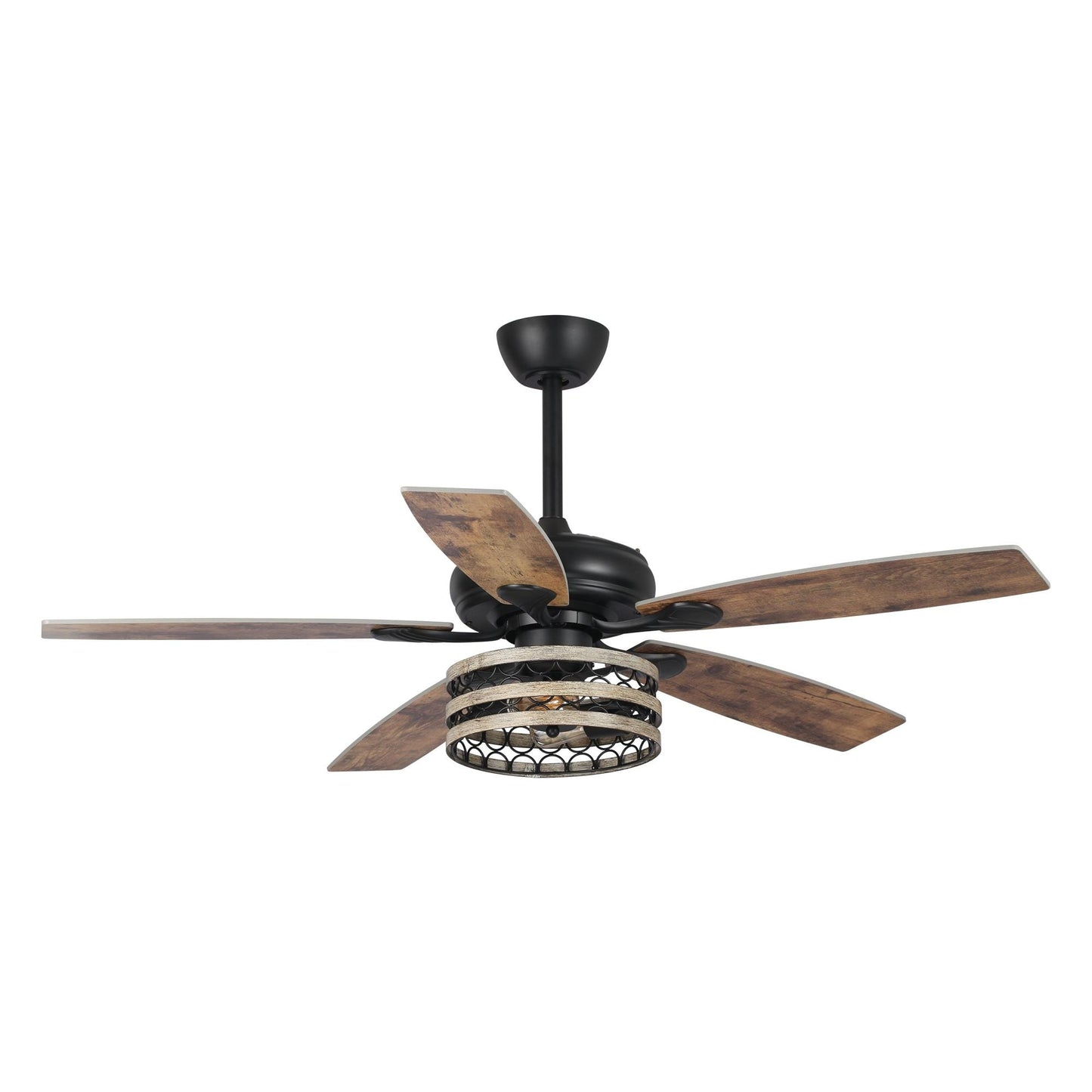 Ventilateur de plafond à 5 pales en bois flotté style farmhouse, avec cage noire et télécommande.
