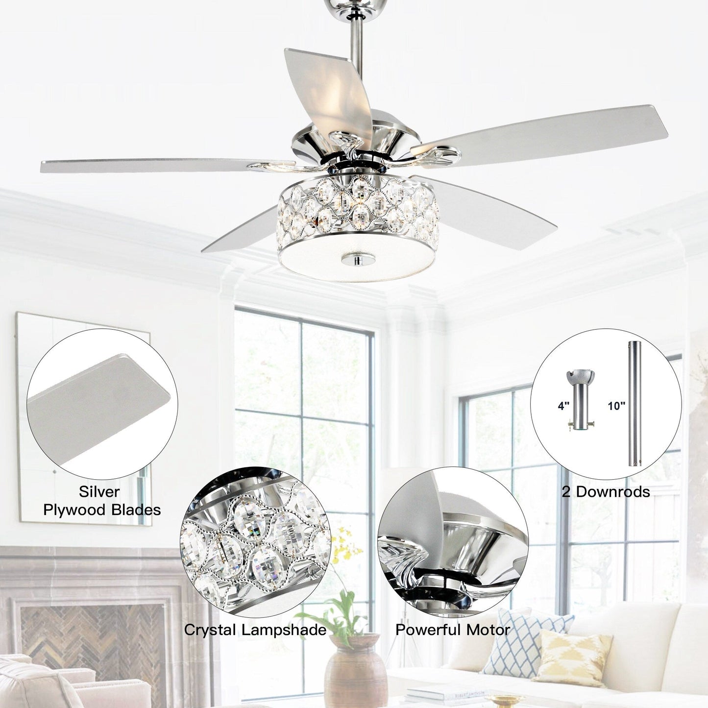 52 Lampe de plafond moderne à 4 lumières, lustre en cristal avec télécommande