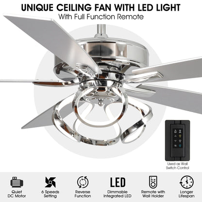 Ventilateur de plafond LED intérieur moderne de 52 pouces à 52 cm, chromé/noir, avec éclairage et télécommande, intensité variable.