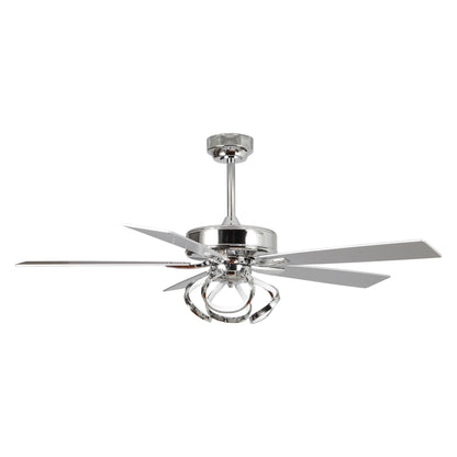 Ventilateur de plafond LED intérieur moderne de 52 pouces à 52 cm, chromé/noir, avec éclairage et télécommande, intensité variable.
