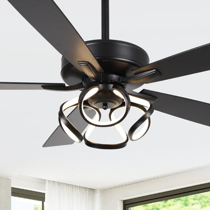 Ventilateur de plafond LED intérieur moderne de 52 pouces à 52 cm, chromé/noir, avec éclairage et télécommande, intensité variable.