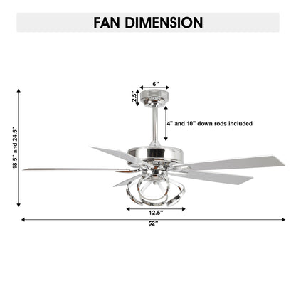 Ventilateur de plafond LED intérieur moderne de 52 pouces à 52 cm, chromé/noir, avec éclairage et télécommande, intensité variable.