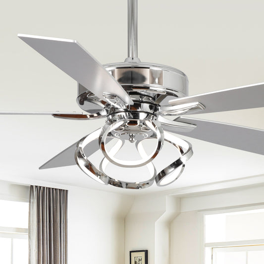 Ventilateur de plafond LED intérieur moderne de 52 pouces à 52 cm, chromé/noir, avec éclairage et télécommande, intensité variable.