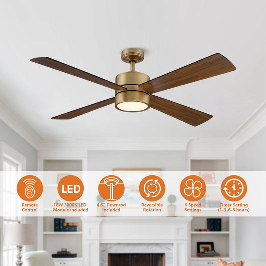Ventilateur de plafond intérieur à 4 pales en bois laiton antique avec éclairage et télécommande (52 pouces)