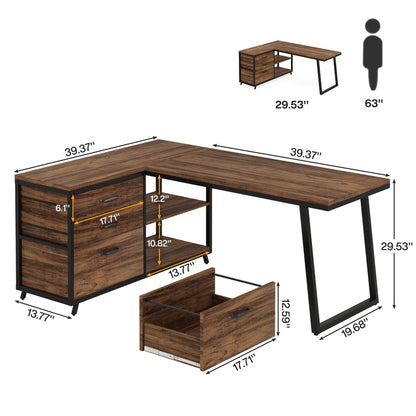 Bureau en forme de L réversible avec tiroirs à dossiers, bureau d'ordinateur d'angle