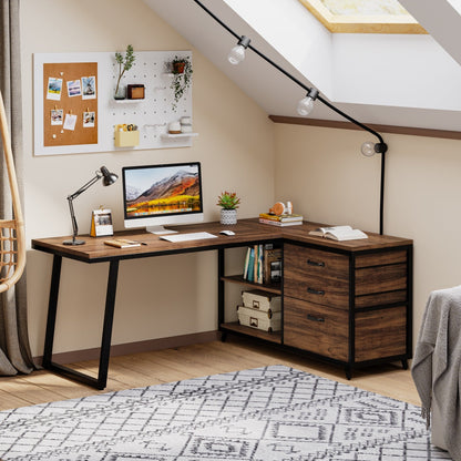 Bureau en forme de L réversible avec tiroirs à dossiers, bureau d'ordinateur d'angle