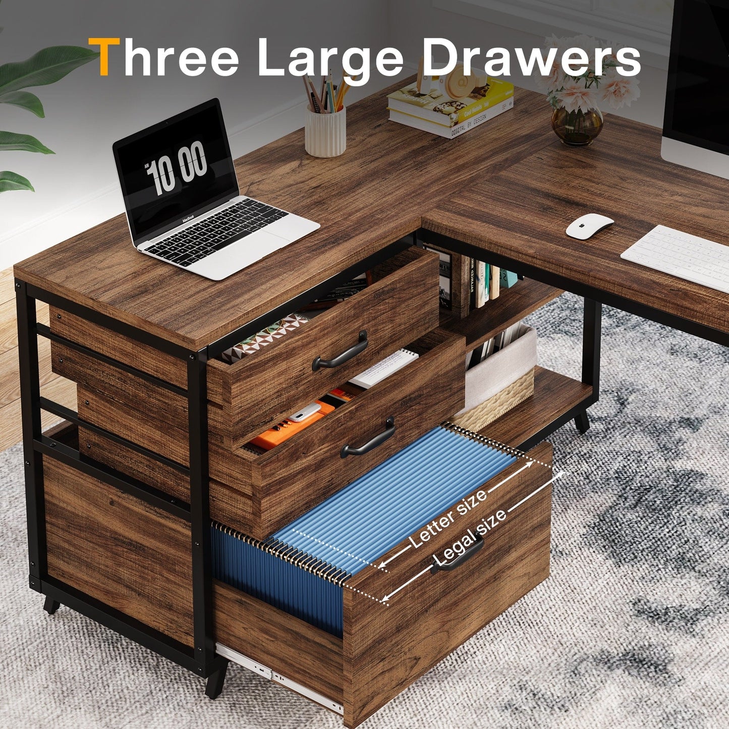 Bureau en forme de L réversible avec tiroirs à dossiers, bureau d'ordinateur d'angle