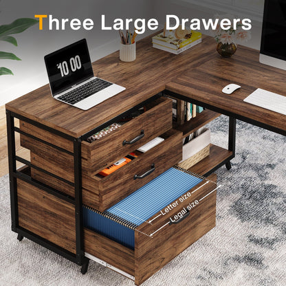 Bureau en forme de L réversible avec tiroirs à dossiers, bureau d'ordinateur d'angle