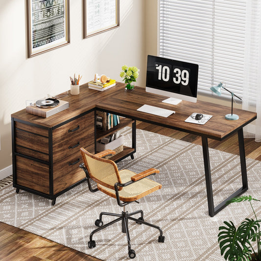 Bureau en forme de L réversible avec tiroirs à dossiers, bureau d'ordinateur d'angle