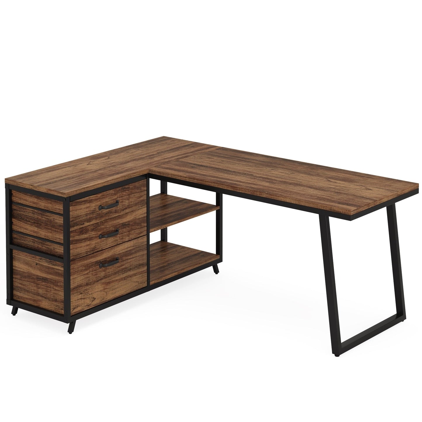 Bureau en forme de L réversible avec tiroirs à dossiers, bureau d'ordinateur d'angle