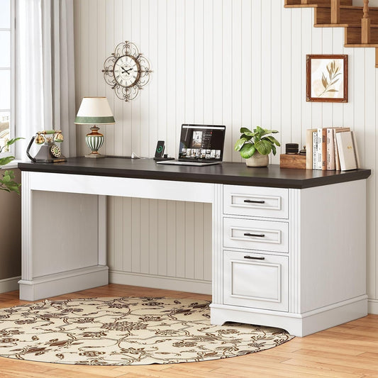 Bureau de direction style farmhouse, bureau de travail à domicile, avec tiroir à dossiers, support pour écran et prise de courant.