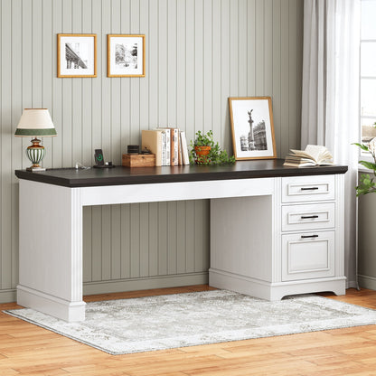 Bureau de direction style farmhouse, bureau de travail à domicile, avec tiroir à dossiers, support pour écran et prise de courant.