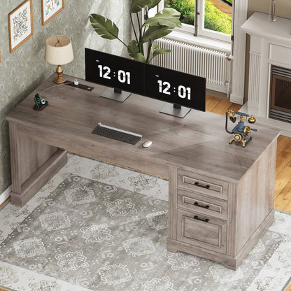 Bureau de direction style farmhouse, bureau de travail à domicile, avec tiroir à dossiers, support pour écran et prise de courant.