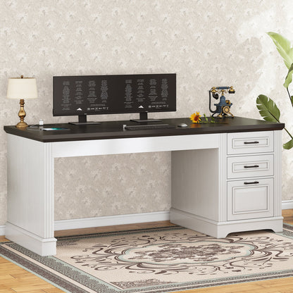Bureau de direction style farmhouse, bureau de travail à domicile, avec tiroir à dossiers, support pour écran et prise de courant.
