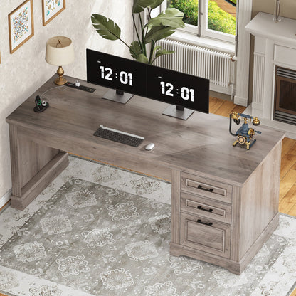 Bureau de direction style farmhouse, bureau de travail à domicile, avec tiroir à dossiers, support pour écran et prise de courant.