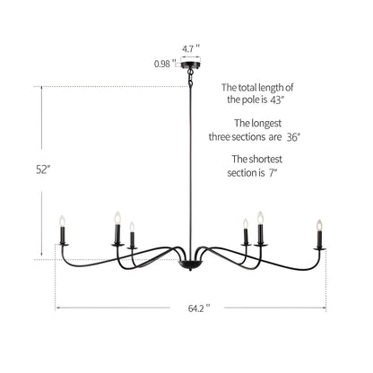 Luminaire minimaliste à 6 lumières de 64 pouces en noir mat / doré / chromé - N/A