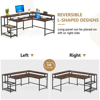 Bureau en forme de L avec étagère pour écran, bureau d'ordinateur d'angle réversible pour bureau à domicile 69