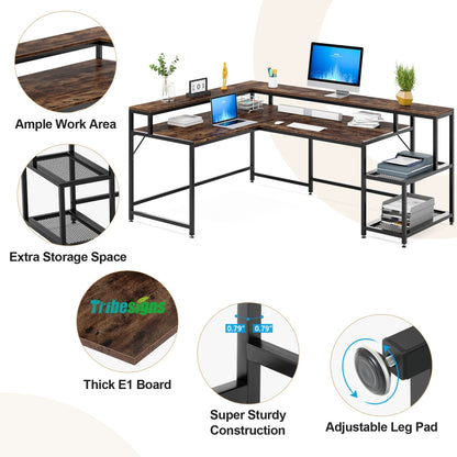 Bureau en forme de L avec étagère pour écran, bureau d'ordinateur d'angle réversible pour bureau à domicile 69