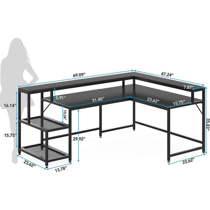 Bureau en forme de L avec étagère pour écran, bureau d'ordinateur d'angle réversible pour bureau à domicile 69