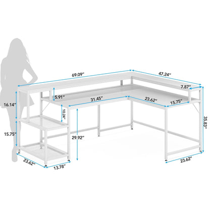 Bureau en forme de L avec étagère pour écran, bureau d'ordinateur d'angle réversible pour bureau à domicile 69