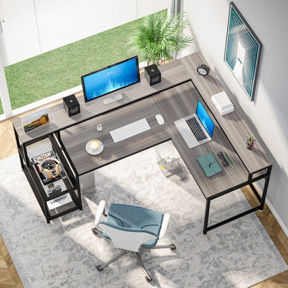 Bureau en forme de L avec étagère pour écran, bureau d'ordinateur d'angle réversible pour bureau à domicile 69