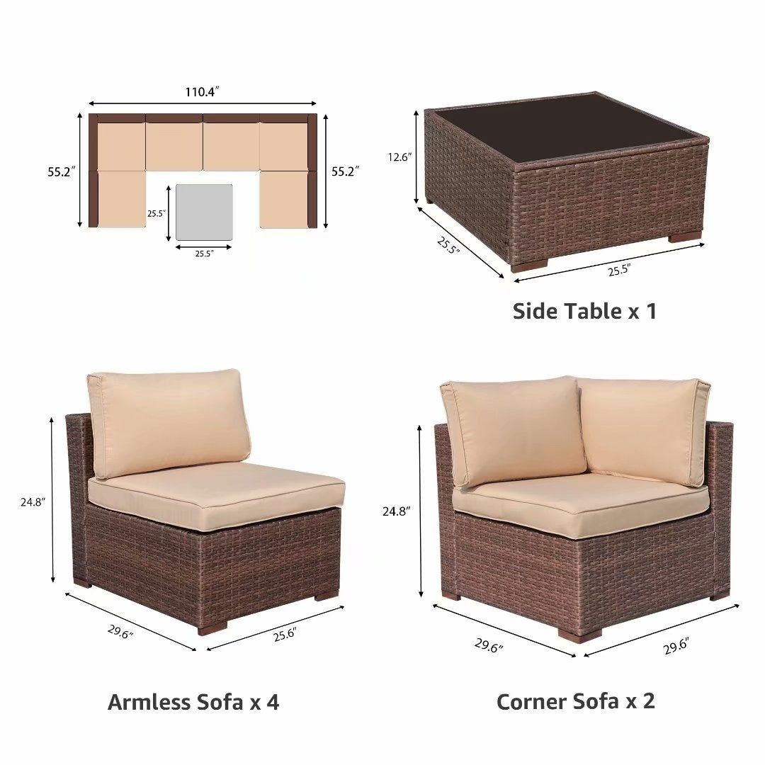 Ensemble de canapé d'extérieur modulable en osier et acier avec coussins, 7 pièces