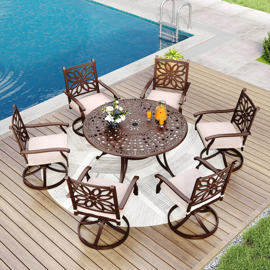 MAISON ARTS Chaises de salle à manger/ensemble de repas de patio en aluminium moulé avec table de salle à manger ronde et 6 chaises de patio en aluminium moulé