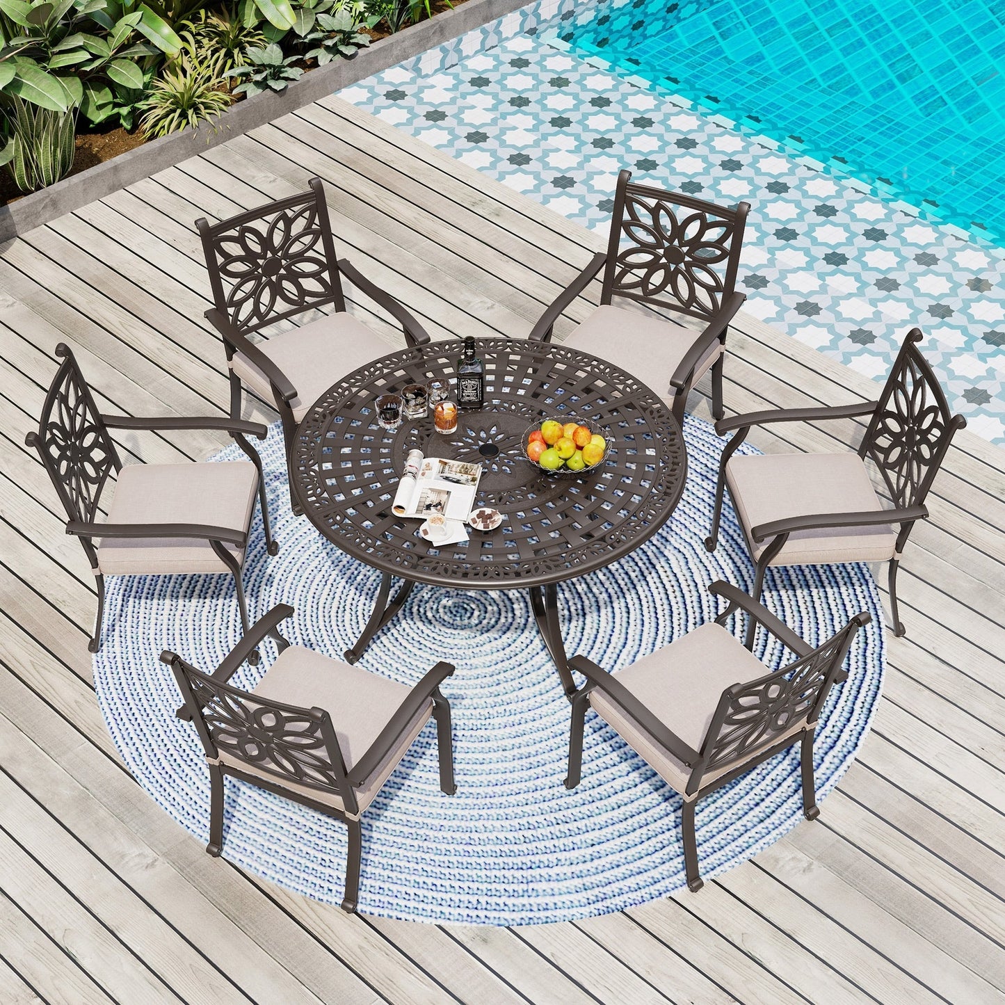 MAISON ARTS Chaises de salle à manger/ensemble de repas de patio en aluminium moulé avec table de salle à manger ronde et 6 chaises de patio en aluminium moulé