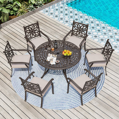 MAISON ARTS Chaises de salle à manger/ensemble de repas de patio en aluminium moulé avec table de salle à manger ronde et 6 chaises de patio en aluminium moulé