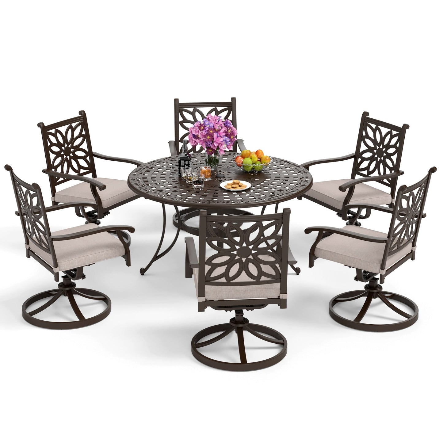 MAISON ARTS Chaises de salle à manger/ensemble de repas de patio en aluminium moulé avec table de salle à manger ronde et 6 chaises de patio en aluminium moulé