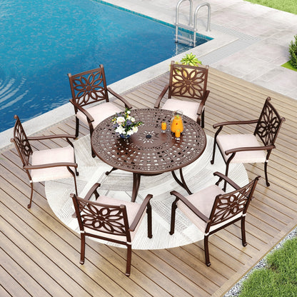 MAISON ARTS Chaises de salle à manger/ensemble de repas de patio en aluminium moulé avec table de salle à manger ronde et 6 chaises de patio en aluminium moulé