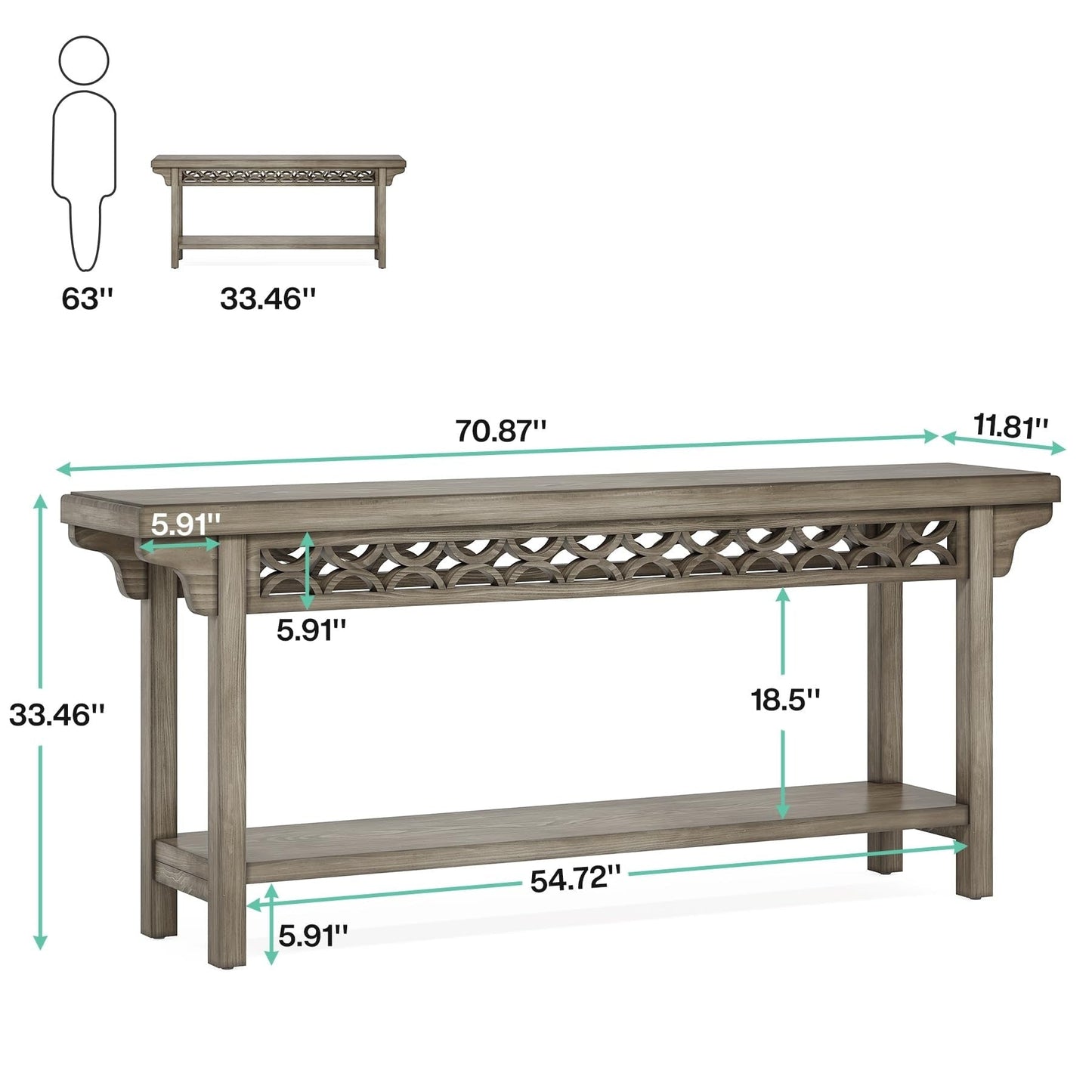Table console longue de 179,5 cm en bois massif style farmhouse, à placer devant le canapé
